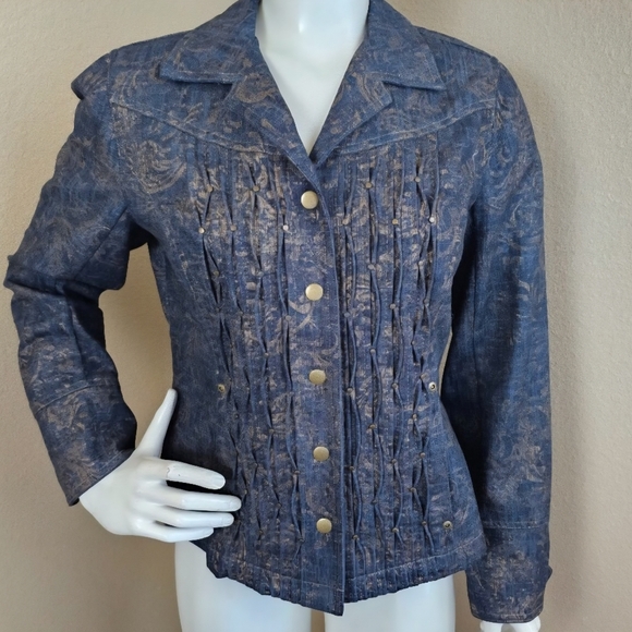 Coldwater Creek Gold Brushed Denim Pintuck Studded Jean Jacket Size 10P - Picture 1 of 12